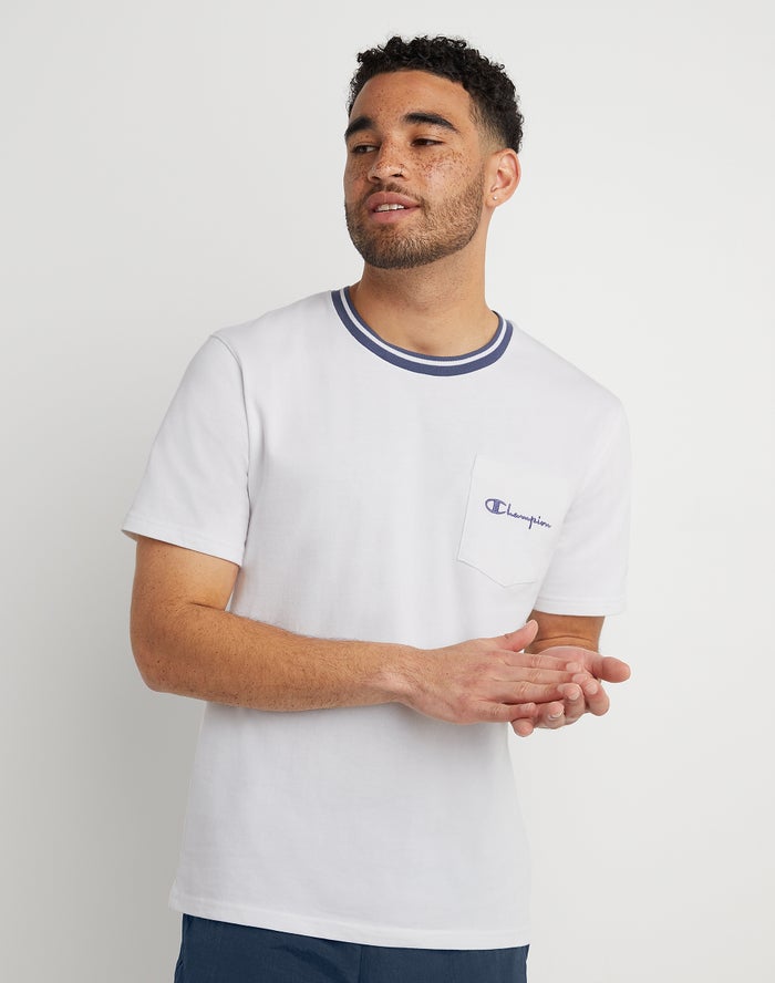 Champion Mens T-Shirt NZ - Tipped Collar Pocket Embroidered Script Logo White ( 5143-WFUKD )